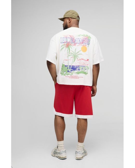BoohooMAN White Plus Oversized Boxy Homme Landscape Print T-Shirt & Basket Ball Short Set for men