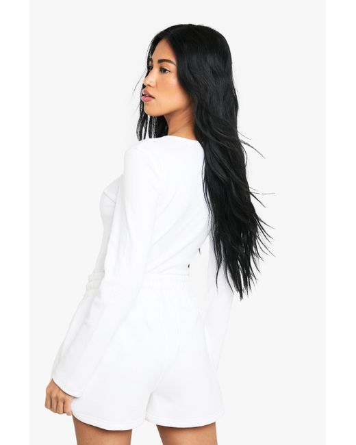 Boohoo White Double Zip Long Sleeve Rib Top And Short Tracksuit
