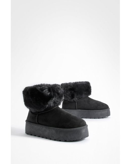 Boohoo Black Wide Fit Platform Fur Trim Mini Cosy Boots