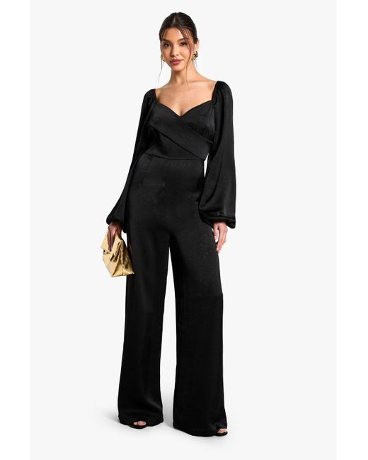 Boohoo Black Textured Satin Wrap Jumpsuit
