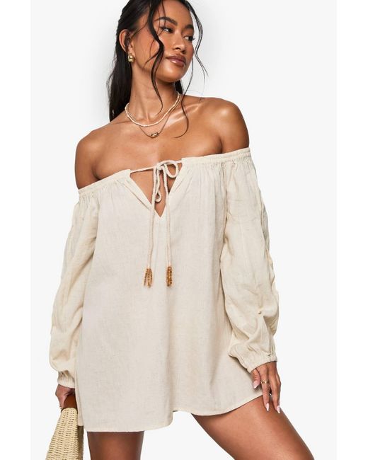 Boohoo Natural Linen Beaded Bardot Beach Dress