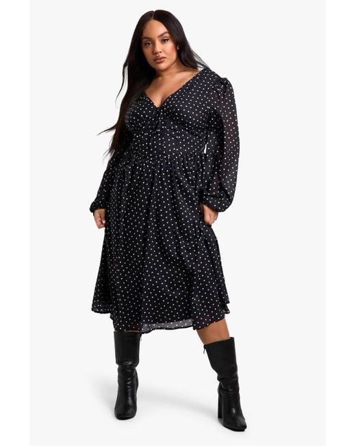 Boohoo Women's Black Plus Woven Polka Dot Milkmaid Midi Skater Dress