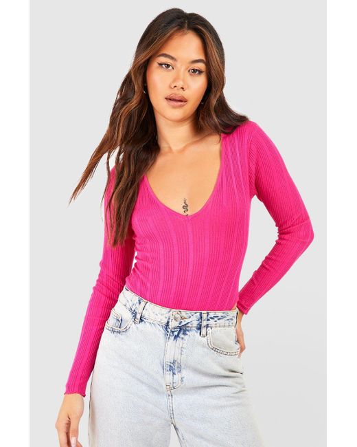 Boohoo Pink Mixed Rib Knit Bodysuit