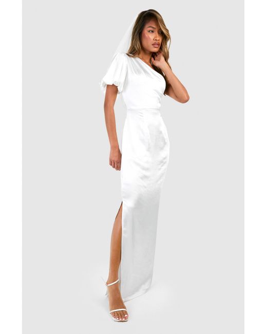 Boohoo White Satin Puff Sleeve Asymmetric Maxi Dress