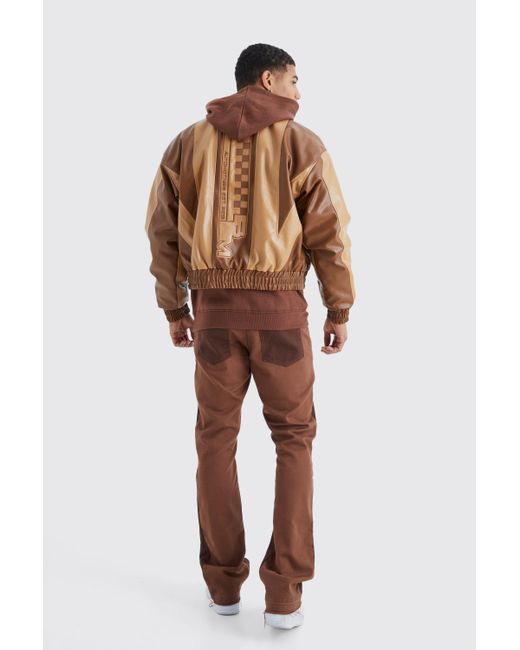 BoohooMAN Brown Boxy Pu Panelled Applique Moto Jacket for men