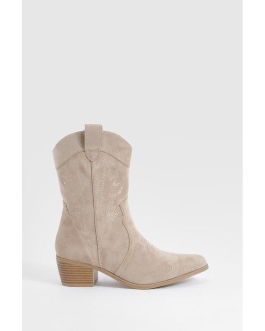 Boohoo Natural Embroidered Western Ankle Cowboy Boots