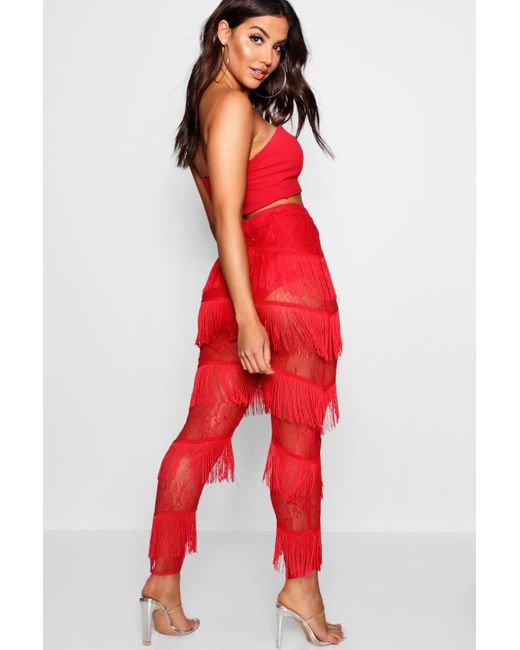 Boohoo Woven Extreme Tassel Trouser in Red | Lyst UK