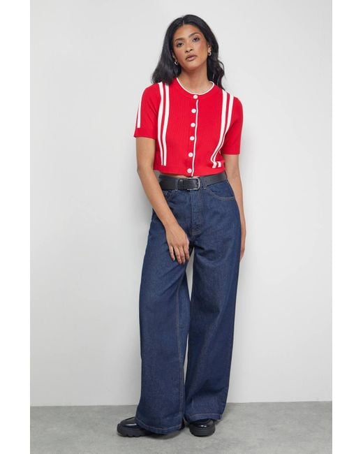 Warehouse Red Mini Stripe Button Through Cardigan