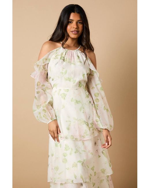 Oasis Natural Petite Rose Floral Organza Cold Shoulder Midi Dress