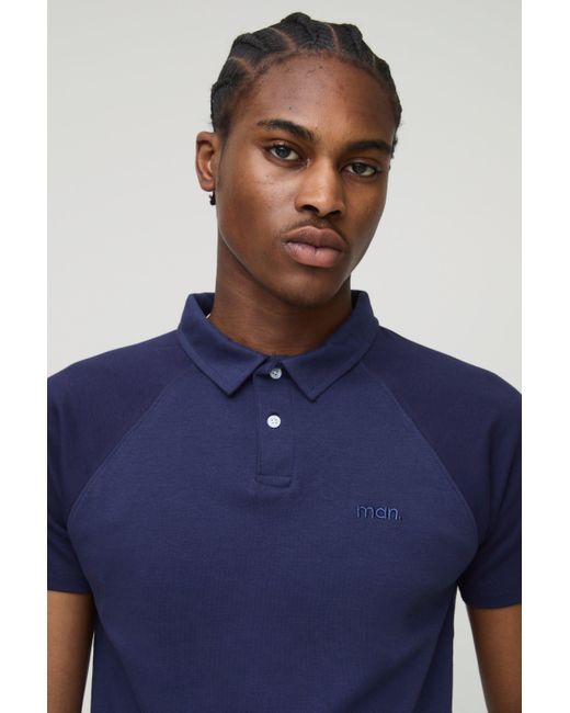 BoohooMAN Slim-Fit Man Raglan Poloshirt in Blue für Herren