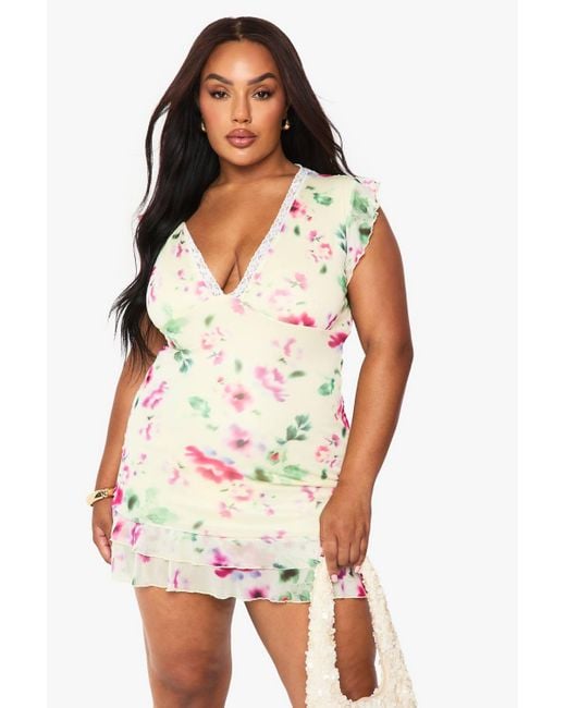 Boohoo White Plus Floral Mesh Drop Hem Mini Dress