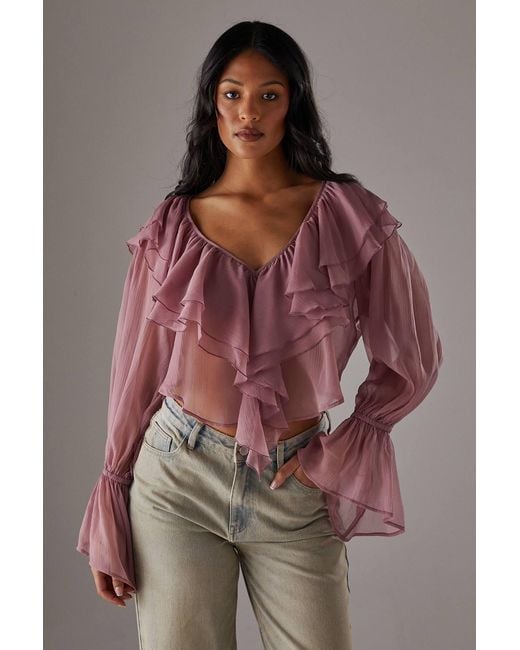 Warehouse Brown Chiffon Double Ruffle Boho Blouse