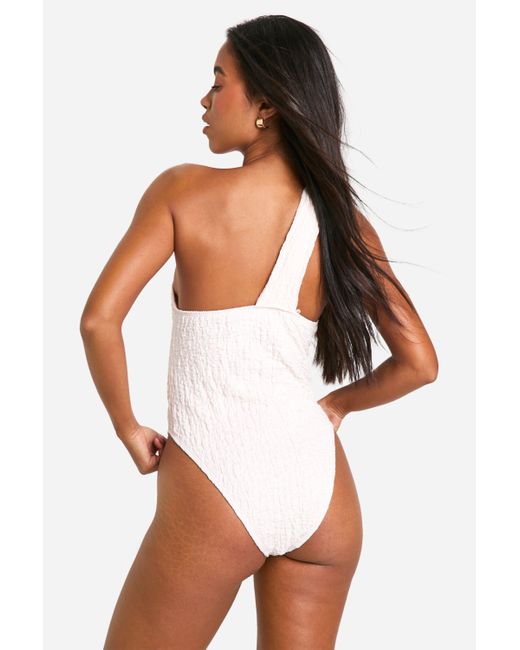 Boohoo White Textured One Shoulder Cut Out Bathing Suit