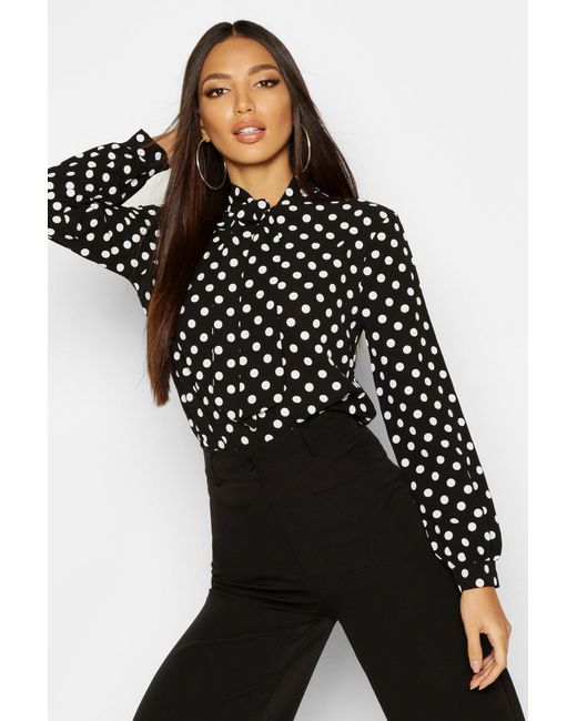 Boohoo Pussy Bow Polka Dot High Neck Blouse in Black - Lyst