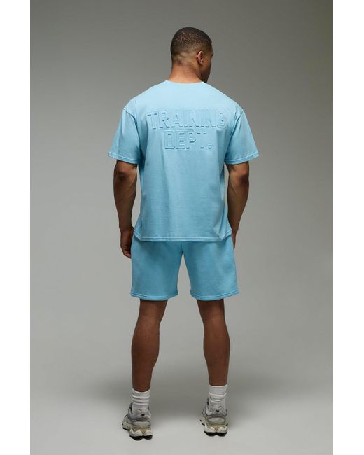 BoohooMAN Blue Training Dept Oversized Embossed T-Shirt & Short Set for men