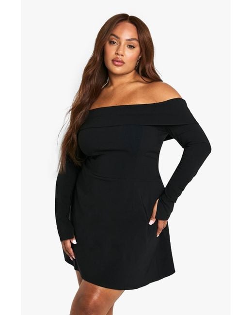 Boohoo Women's Black Plus Bengaline Off Shoulder Skater Dress Boohoo Women's Black Plus Bengaline Off Shoulder Skater Dress