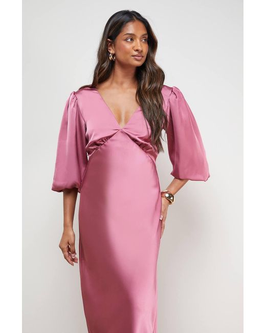 Oasis Pink Satin V Neck Balloon Sleeve Bias Midi Dress