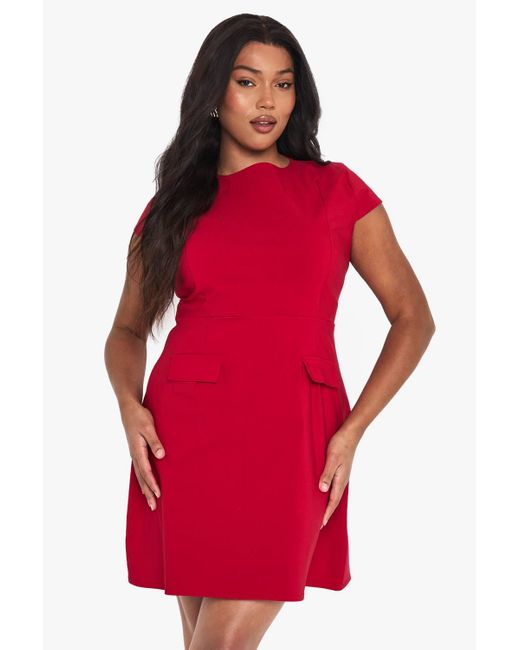 Boohoo Women's Red Plus Cap Sleeve Bengaline Skater Dress