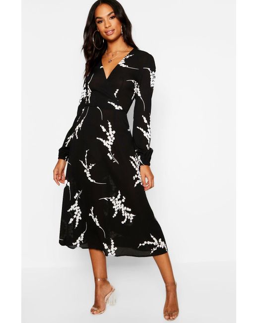 Boohoo Tall Floral Print Wrap Midi Dress in Black | Lyst