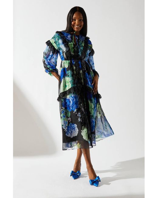 Coast Blue Floral Chiffon Tie Neck Lace Trim Dress