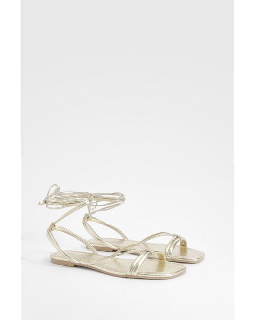Boohoo White Wide Fit Metallic Wrap Up Sandals