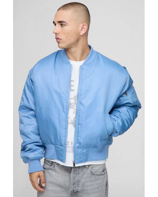 BoohooMAN Blue Oversized Boxy Curved Hem Nylon Bomber Jacket for men