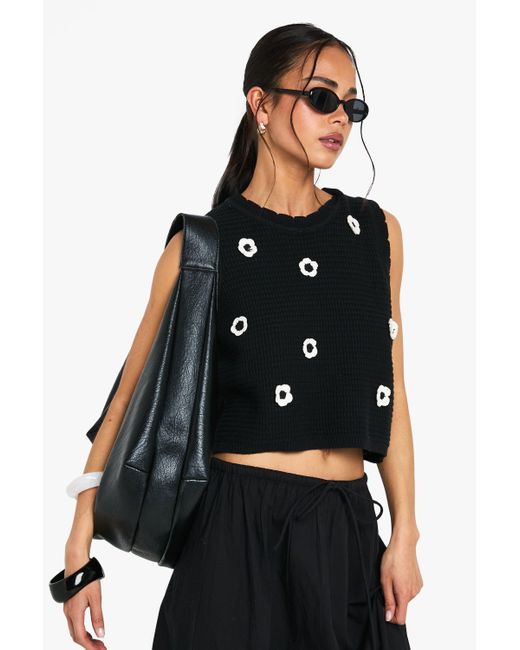 Top De Punto Y Croché Con Aplique De Flores Boohoo de color Black