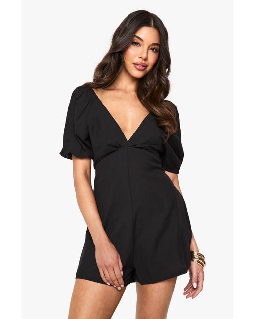 Boohoo Black Linen Tie Back Puff Sleeve Playsuit