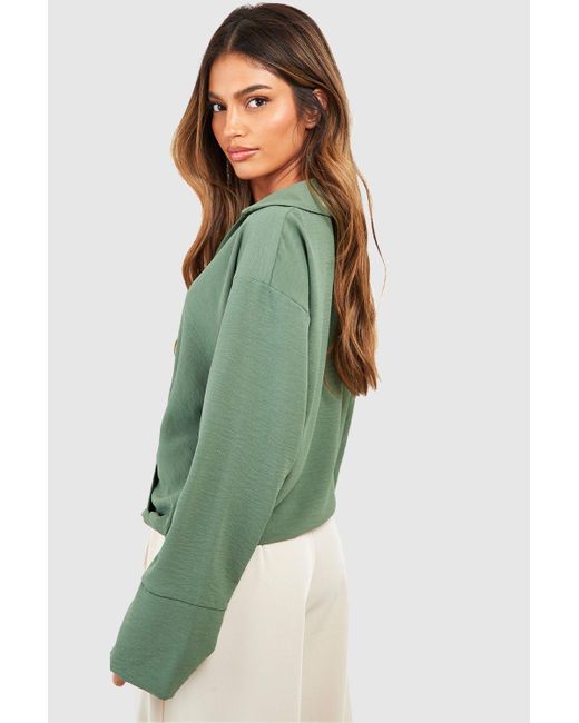 Boohoo Green Hammered Drape Wrap Front Blouse