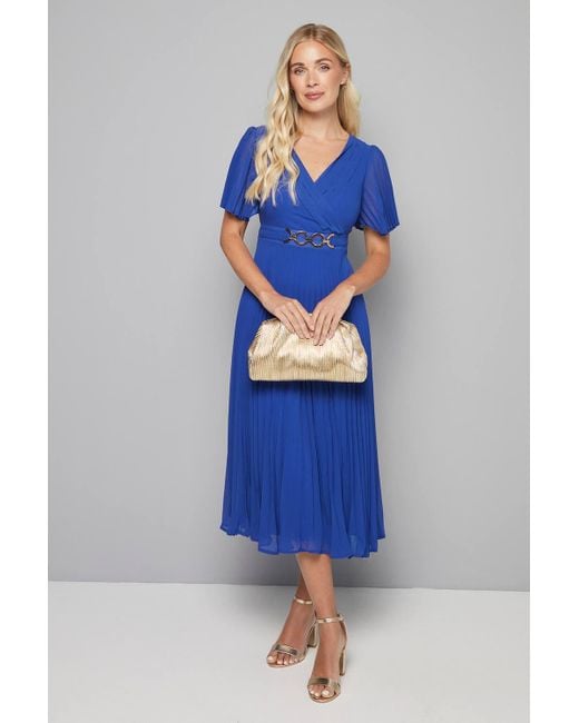 Wallis Women's Blue Petite Pleated Buckle Midi Dress