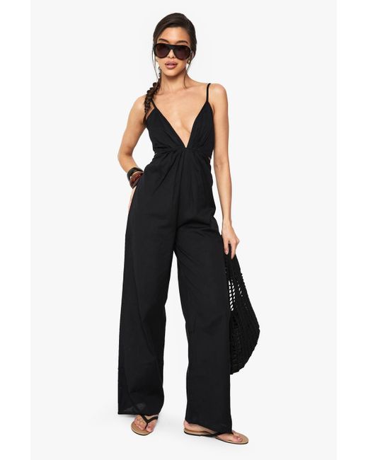 Boohoo Black Linen Look Strappy Cut Out Jumpsuit