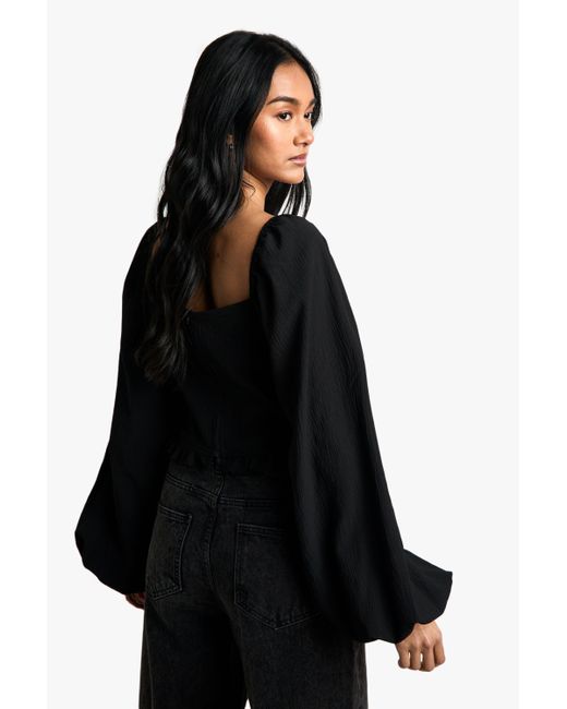 Boohoo Black Woven Shirred Cut Out Long Sleeve Top