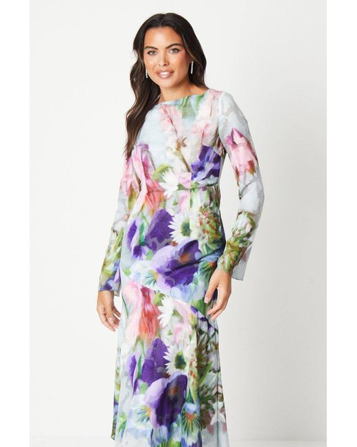 Coast Blue Bias Cut Georgette Jacquard Flute Sleeve Midi Dress