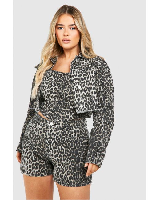 Boohoo Multicolor Plus Cropped Oversized Leopard Jean Jacket