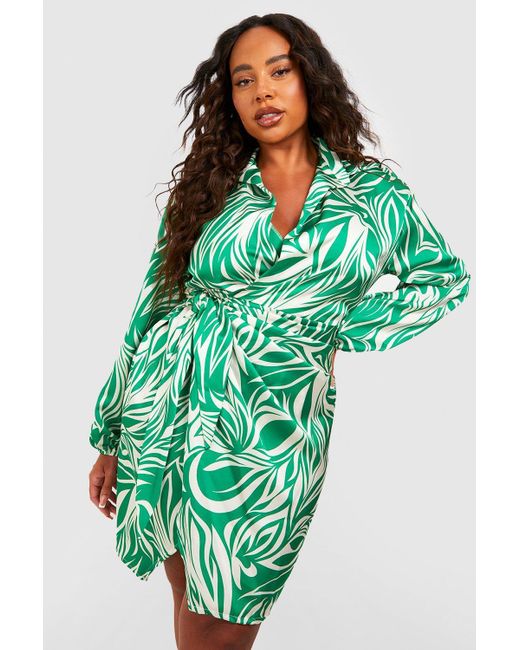 Boohoo Plus Zebra Satin Wrap Midi Dress Green | Lyst Canada