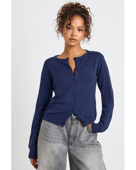 Boohoo Women's Blue Super Soft Lightweight Knitted Crew Neck Cardigan