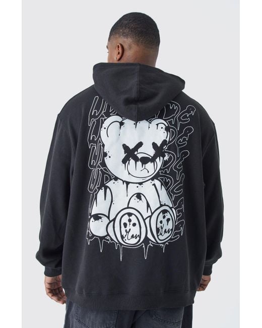 BoohooMAN Gray Plus Core Fit Worldwide Teddy Back Print Graphic Hoodie for men