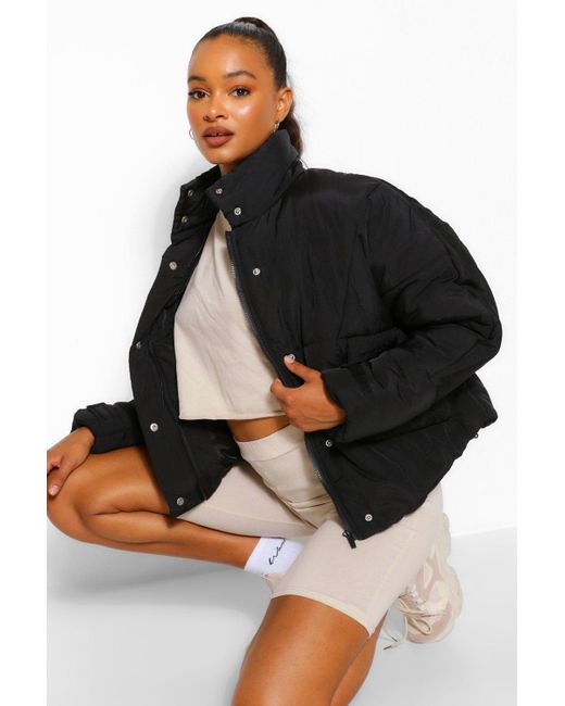 black oversized cropped puffer jacket