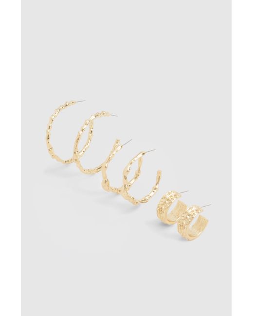 Boohoo Metallic Gold Hammered Hoop Earrings 3 Pack
