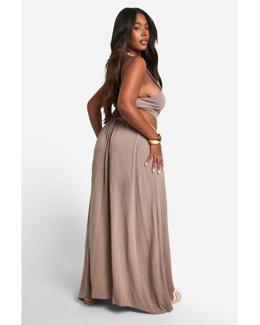 Boohoo Brown Plus Cheesecloth Halterneck Cut Out Maxi Dress