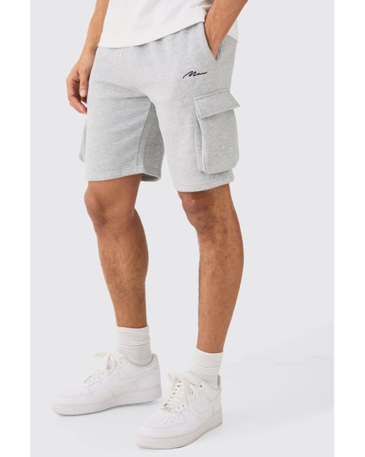 BoohooMAN White Man Signature Loose Fit, Mid Length Cargo Short for men