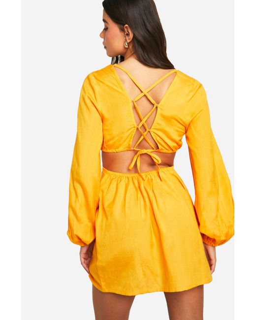 Linen Tie Back Mini Dress Boohoo de color Yellow