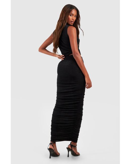 Boohoo Black Acetate Slinky High Neck Top & Ruched Midaxi Skirt