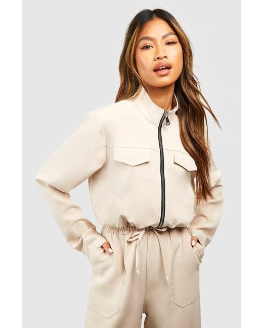 Boohoo Natural Woven Pocket Detail Relaxed Fit Bomber Jacket