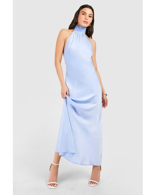 Satin Halterneck Maxi Dress Boohoo de color Blue