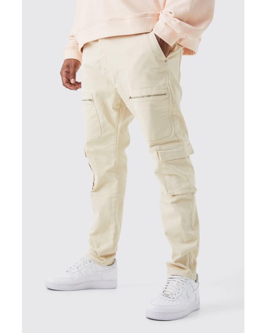 BoohooMAN Natural Plus Fixed Waist Skinny Multi Zip Cargo Trouser for men