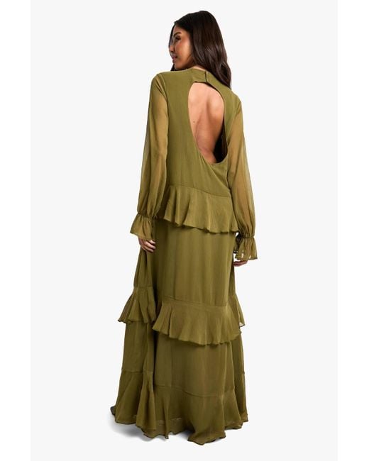 Boohoo Crinkle Chiffon Ruffle Blouson Maxi Dress in Green | Lyst