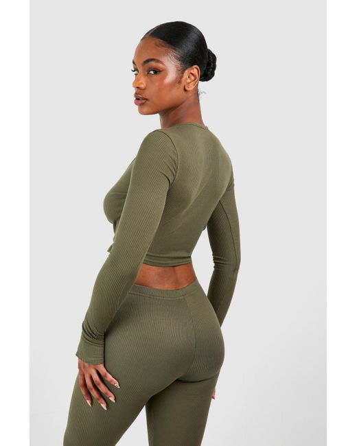 Boohoo Green Tall Brushed Rib Ballet Wrap Top