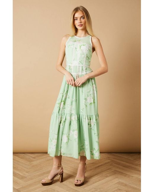 Oasis Green Printed Stud Embellished Trim Maxi Dress
