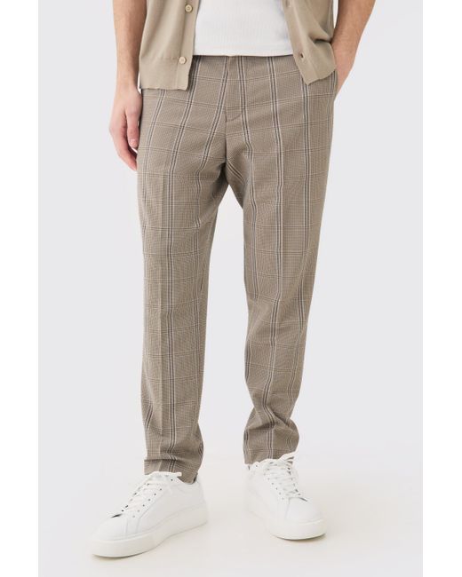 BoohooMAN Stretch Textured Check Tailored Trousers in Natural für Herren